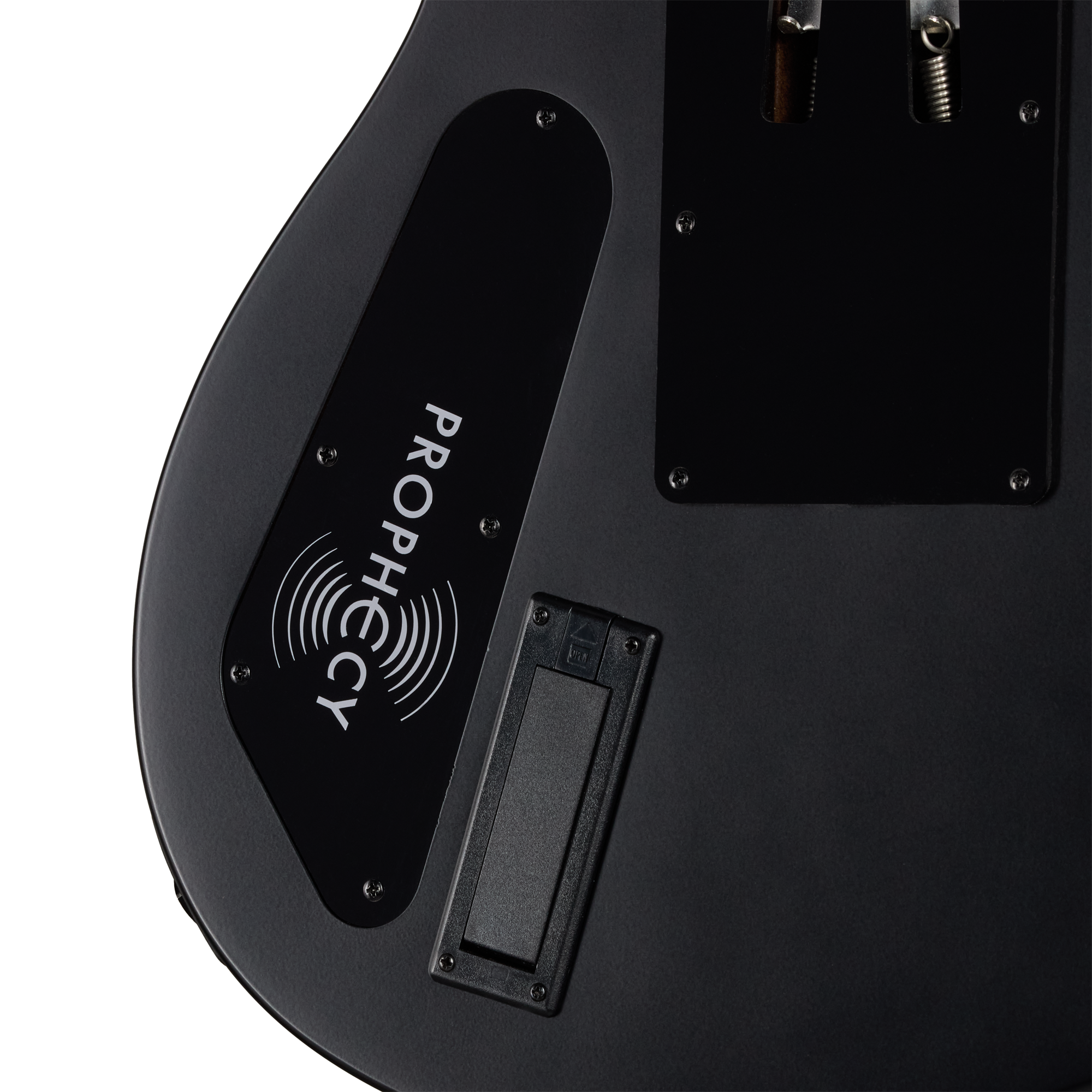 E-Gitarre, schwarzer Korpus, Rückseite, Batteriefach, matte Oberfläche